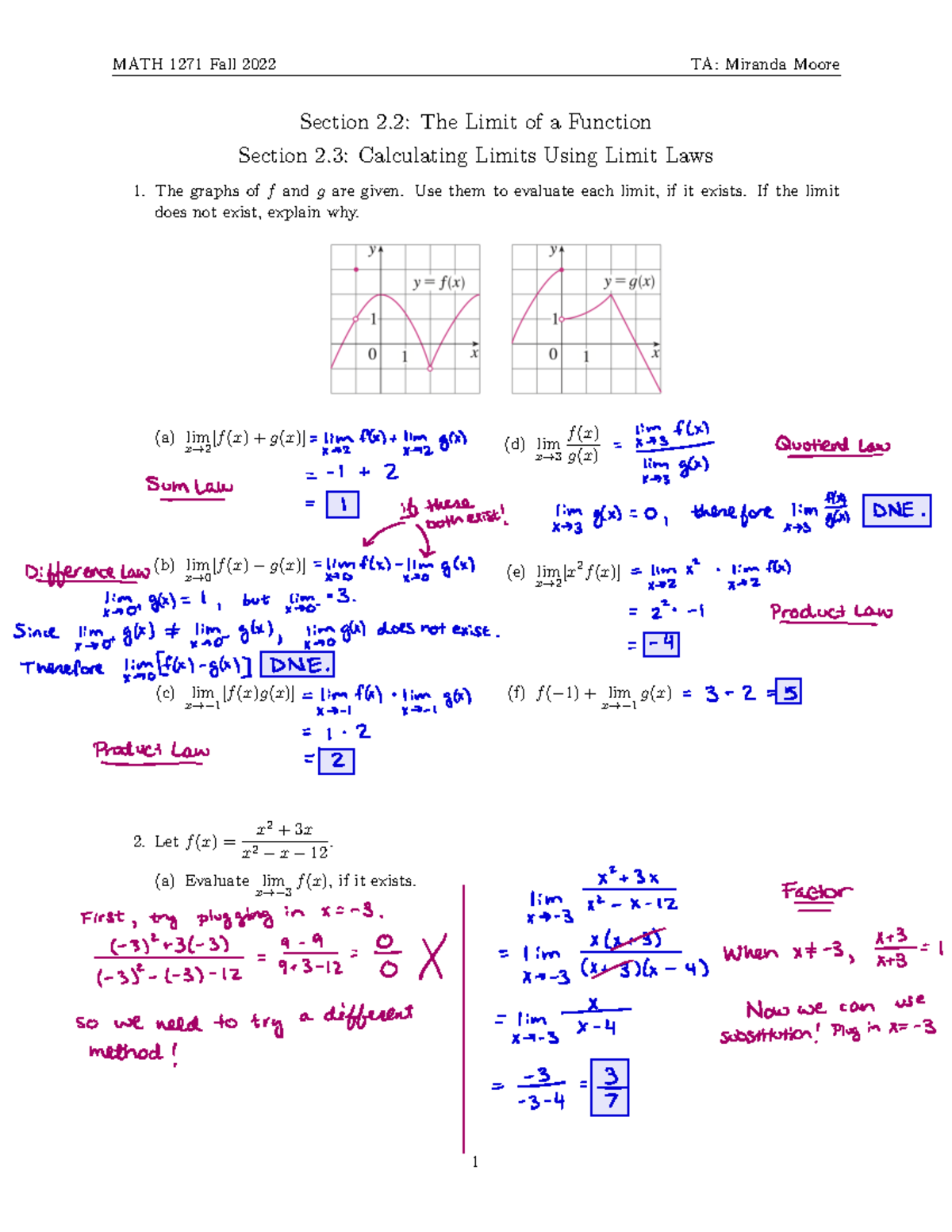 MATH 1271 Fall 2022 Worksheet Solutions for Sections 2.2-2.3 - Studocu