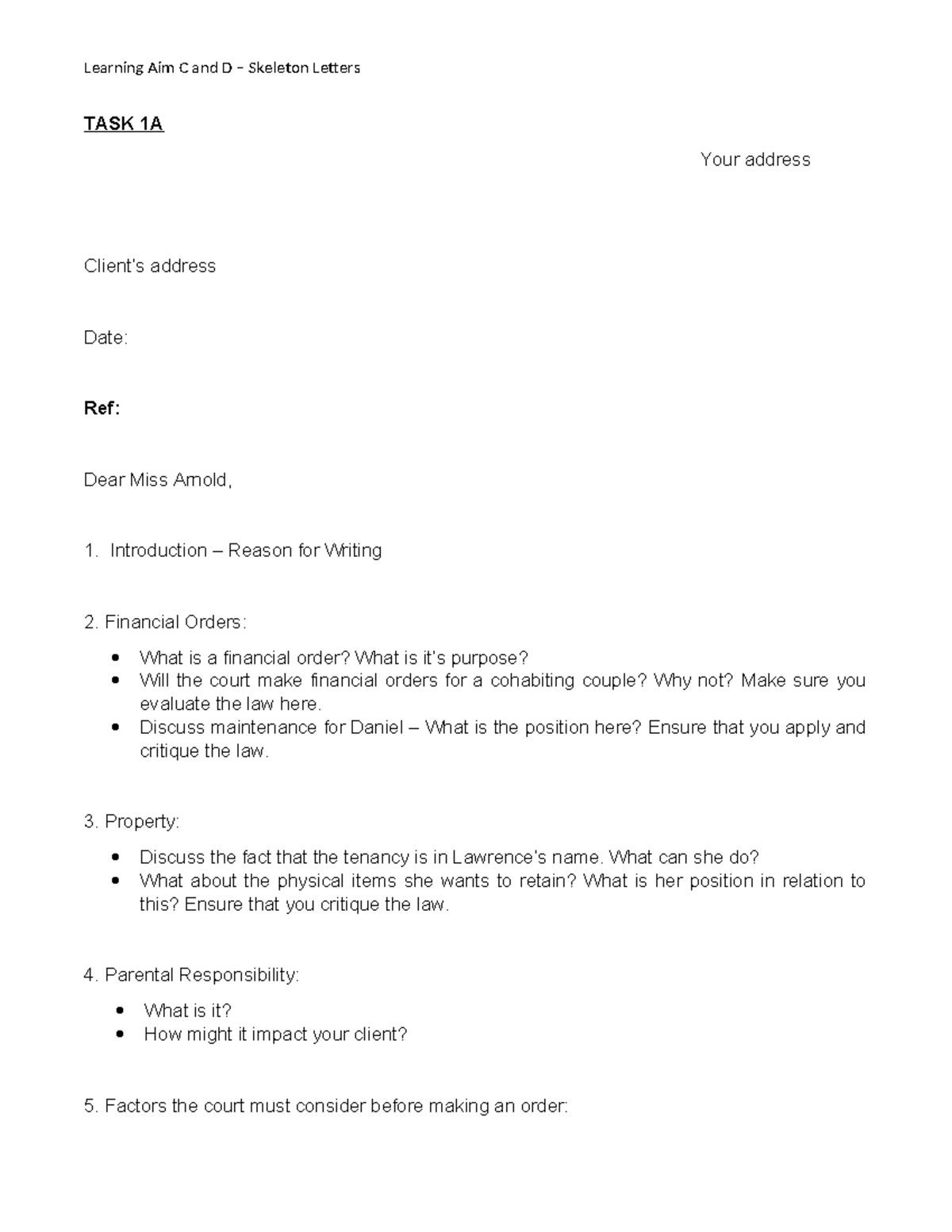 Learning Aim C and D: Skeleton Letter for Legal Advice - Studocu
