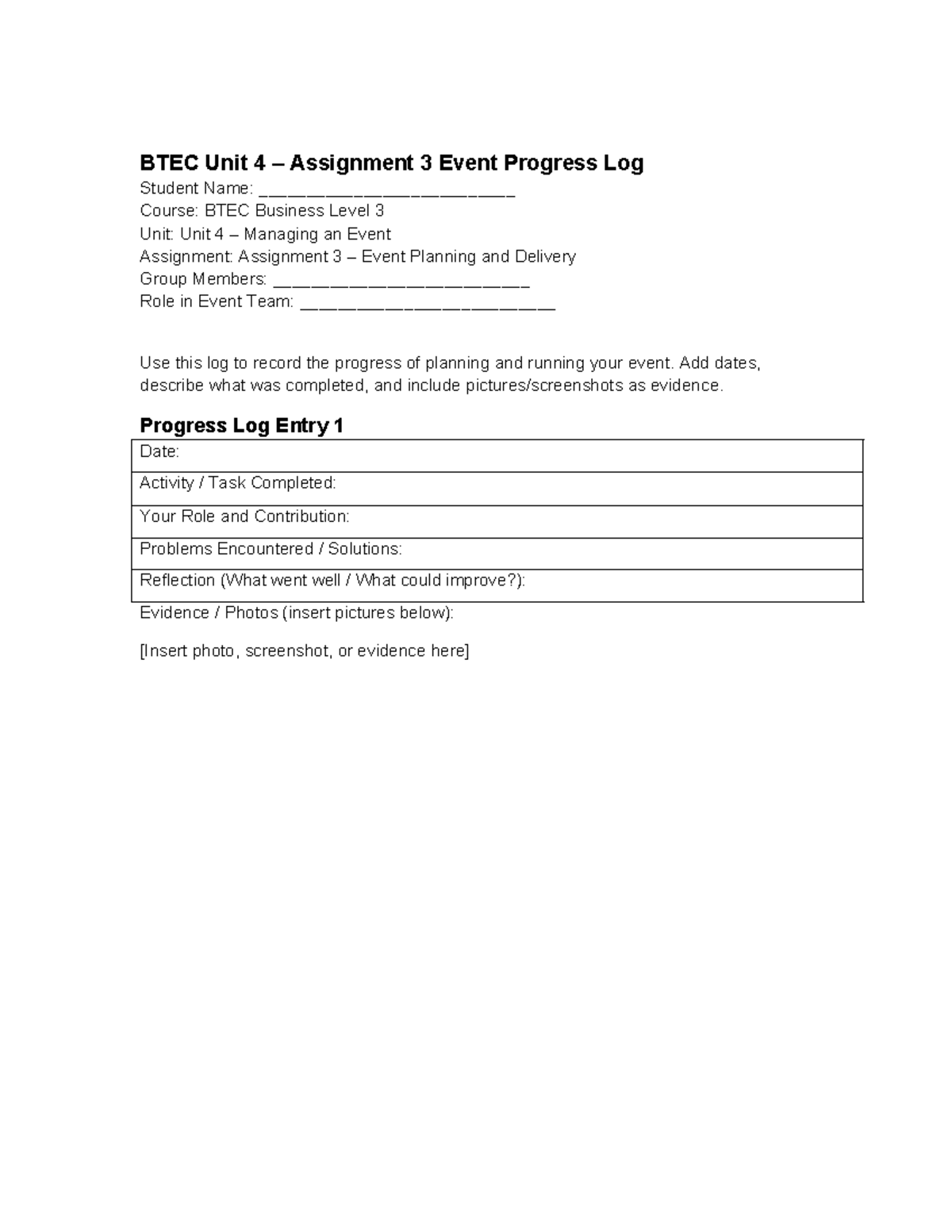 BTEC Business Level 3 Unit 4 Assignment 3 Event Progress Log Template ...