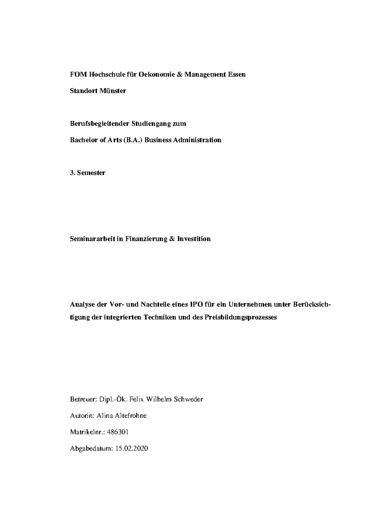 Seminararbeit B.A. Business Administration: IPO Analyse & Handlungsempfehlungen - Document Preview