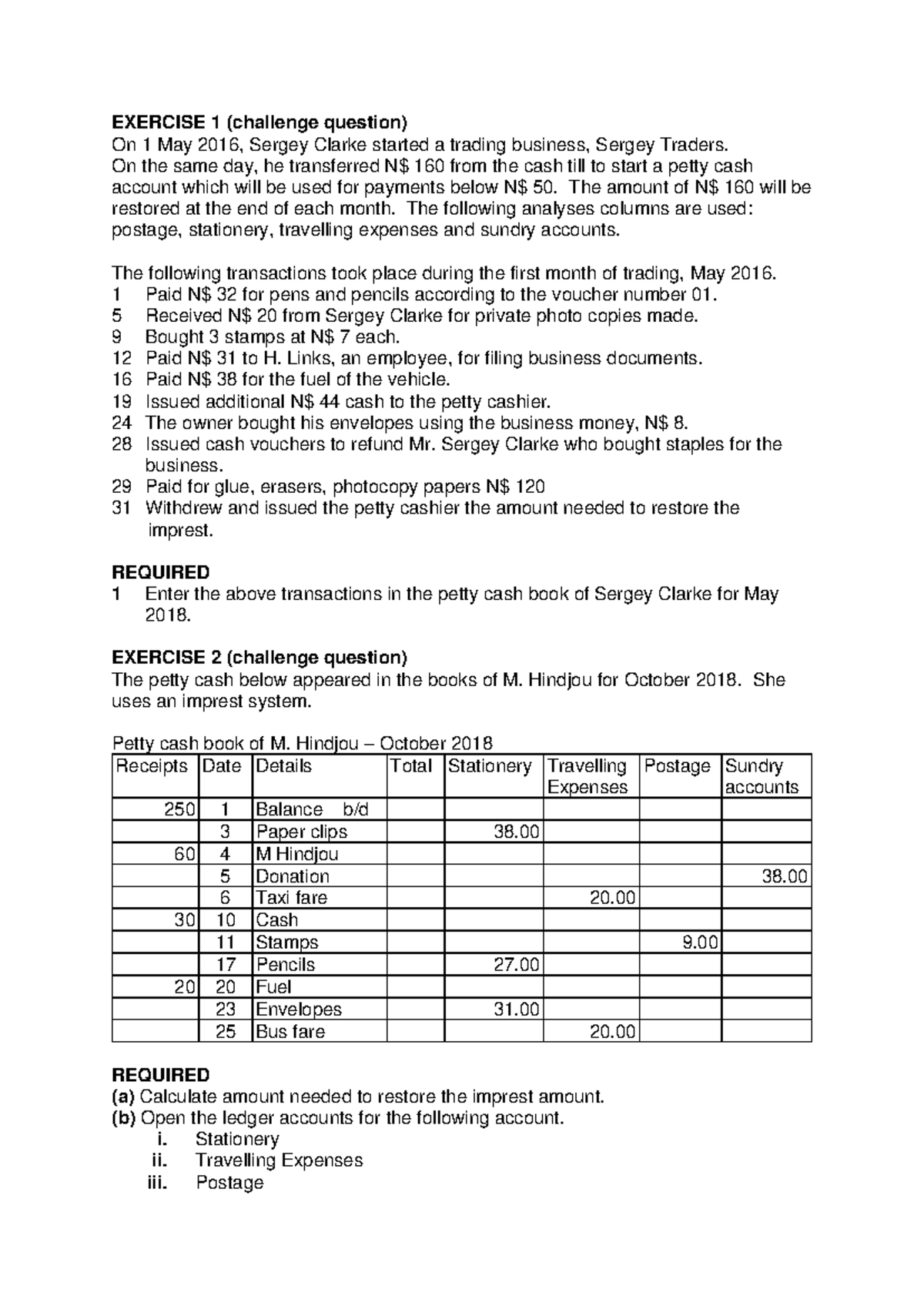Title: ACC101 Petty Cash Book Practice Exercises for May & Oct 2018 ...