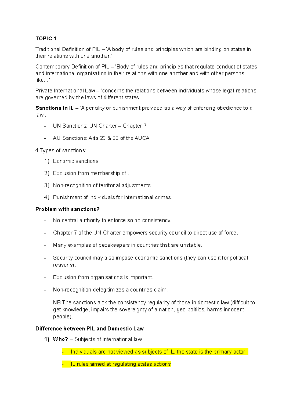 Public International Law (PIL) Lecture Notes with Focus on UN Sanctions ...