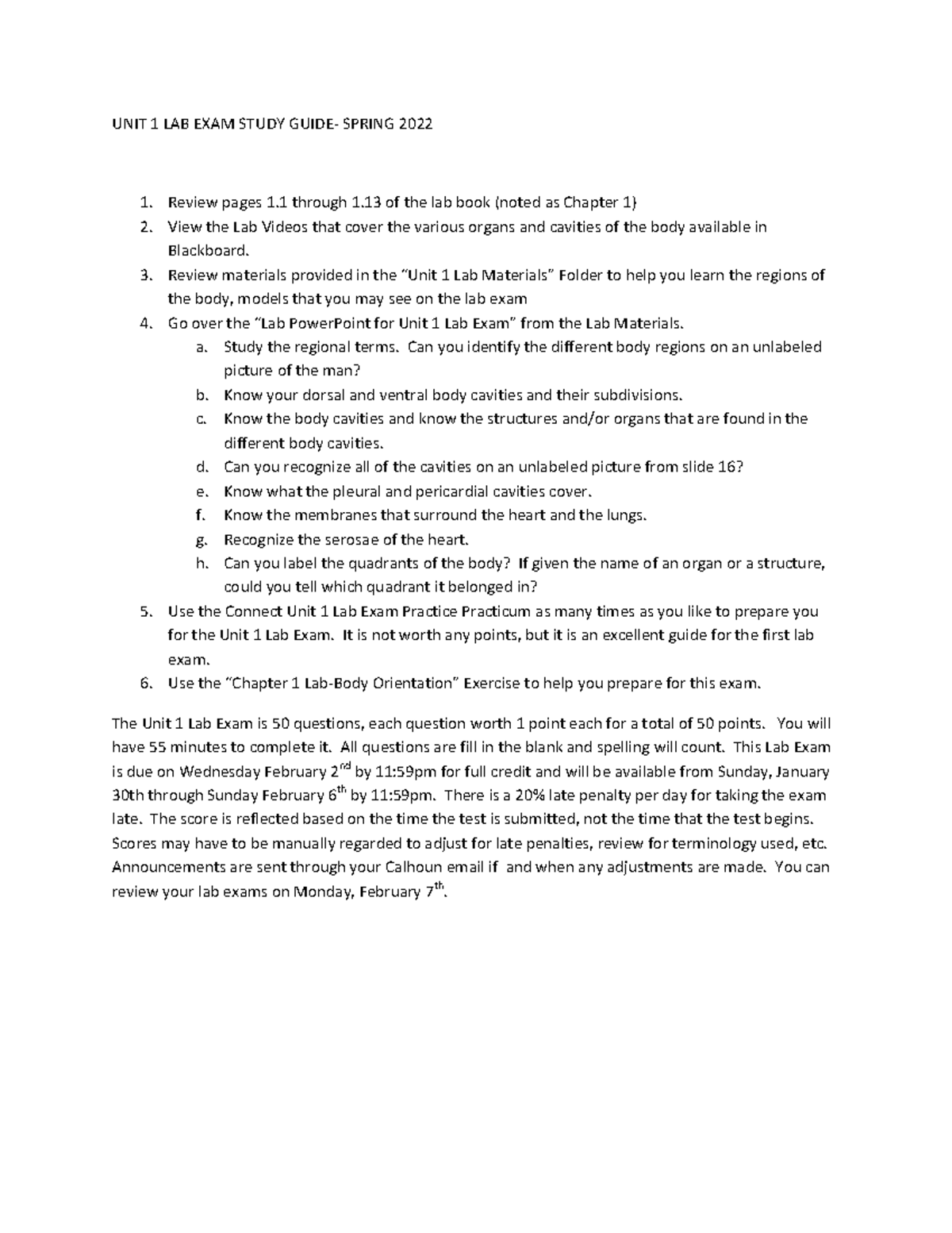 Unit 1 Lab Exam Study Guide - Spring 2022 - Studocu