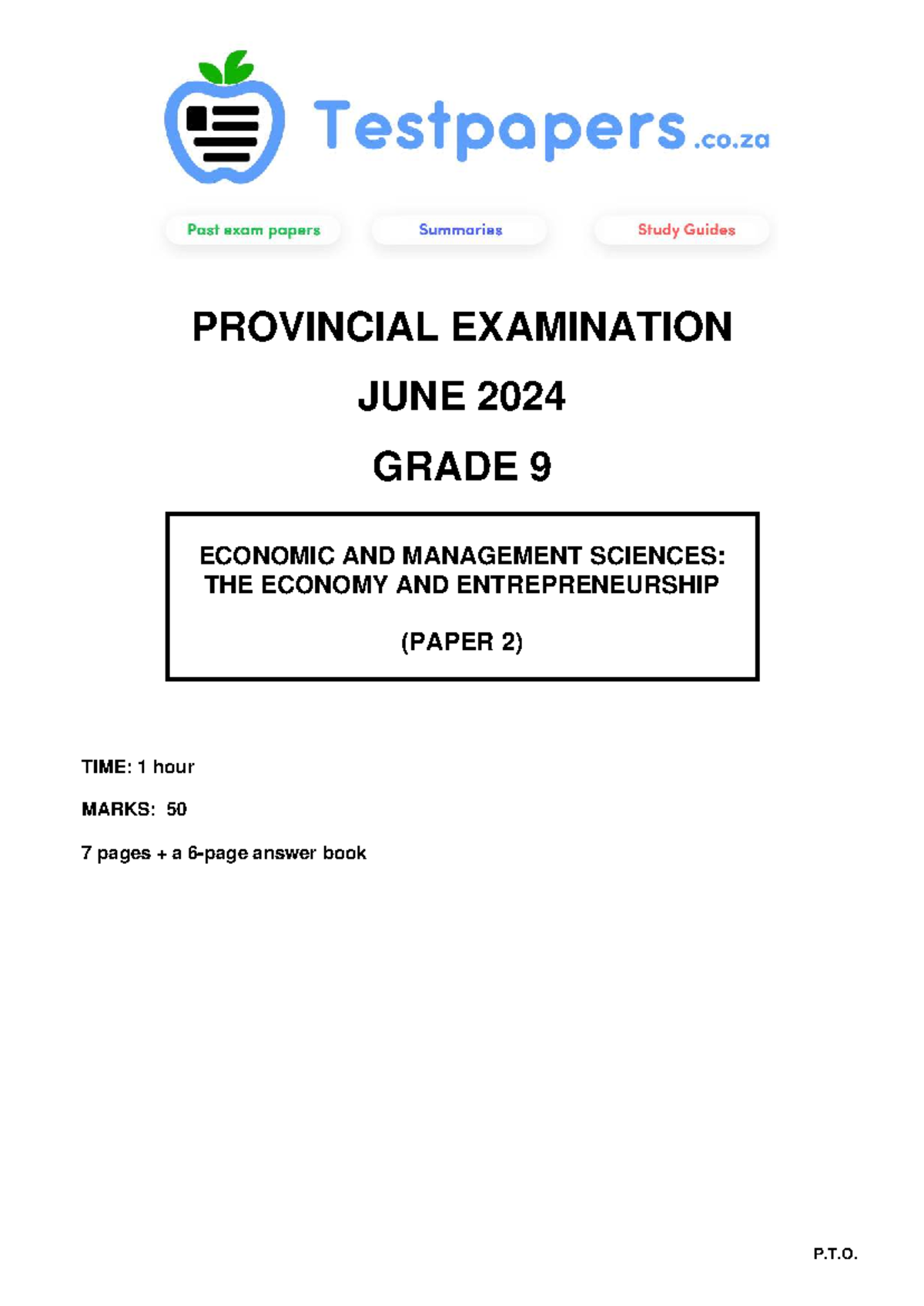 Gr 9 EMS P2 June 2024 Provincial Exam: Economy & Entrepreneurship - Studocu