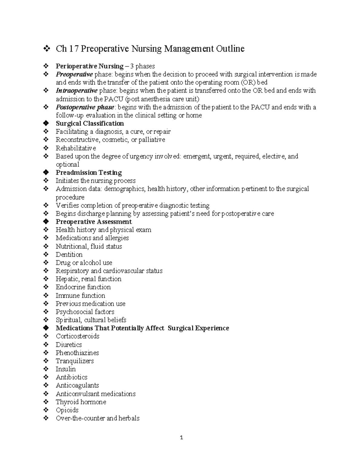 Ch 17 Final Exam Outline: Preoperative Nursing Management Overview ...
