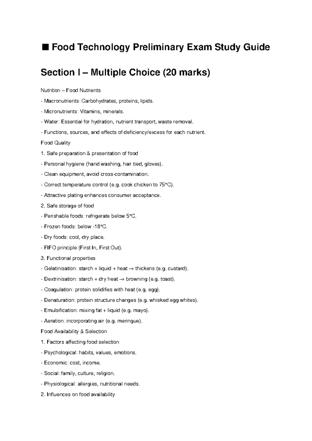 Food Tech 101: Preliminary Exam Study Guide on Nutrition & Food Quality ...