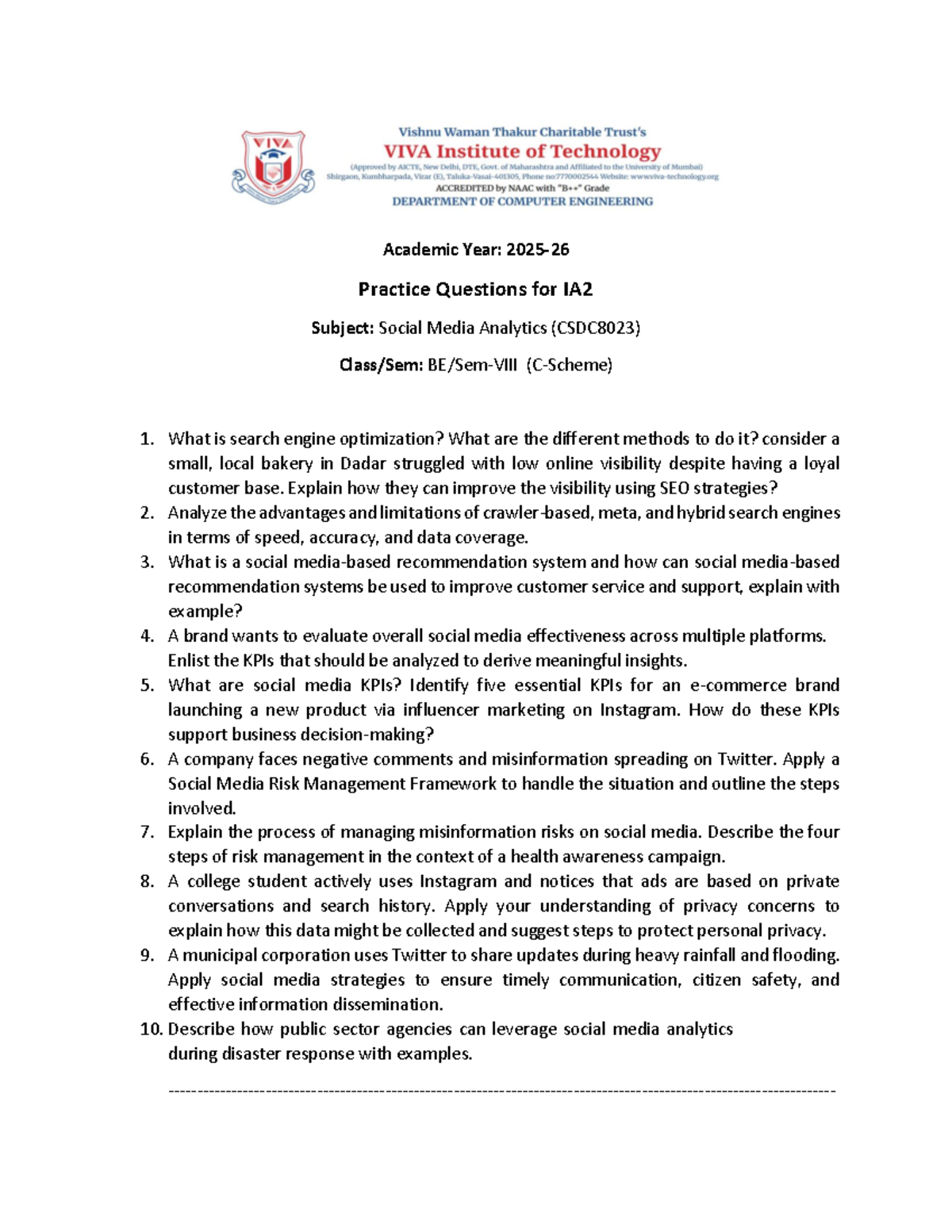 SMA Practice Questions for CSDC8023: Social Media Analytics - Studocu