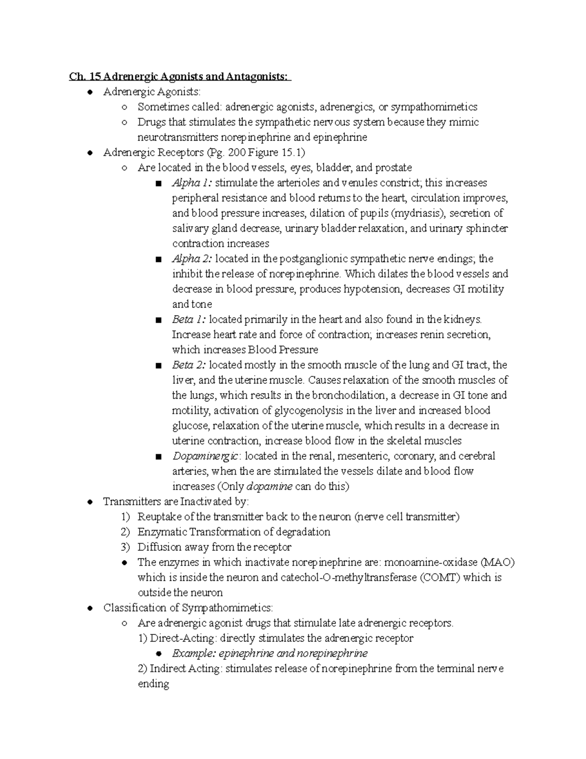 Ch. 15 Adrenergic Agonists & Antagonists: Key Concepts & Drugs - Studocu
