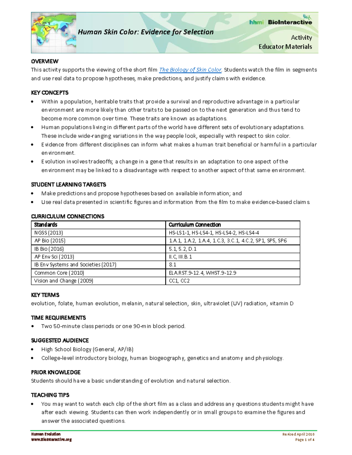 Skin Color Selection: Educator Materials for Human Evolution Study ...
