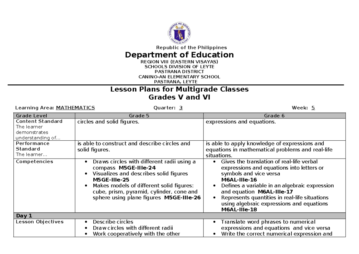 Mathematics 56-Q3-W5: Multigrade Lesson Plans for Grades V & VI - Studocu