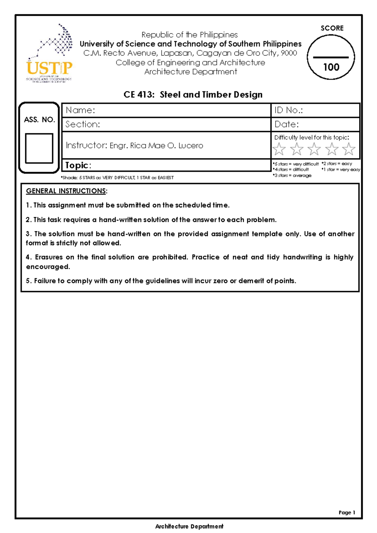 CE 413: Steel and Timber Design Assignment Template Notes - Studocu