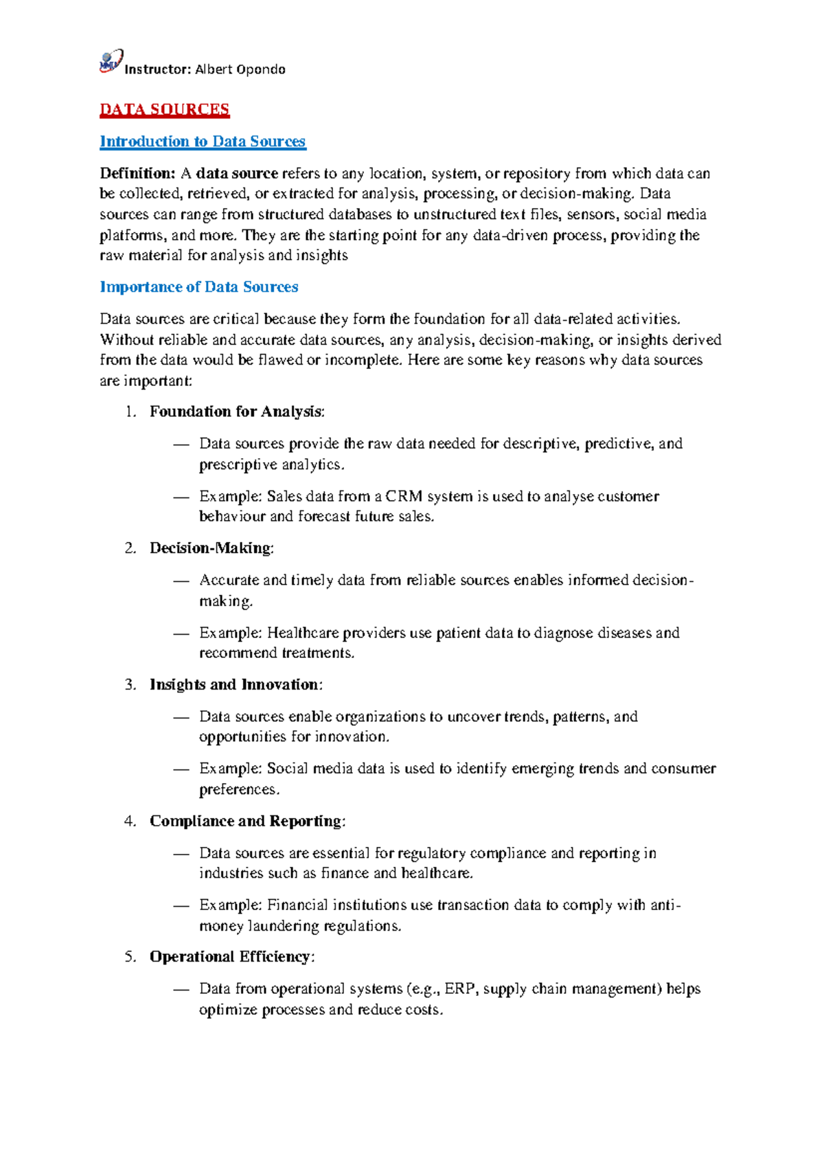 Data Sources - business intelligence - DATA SOURCES Introduction to ...