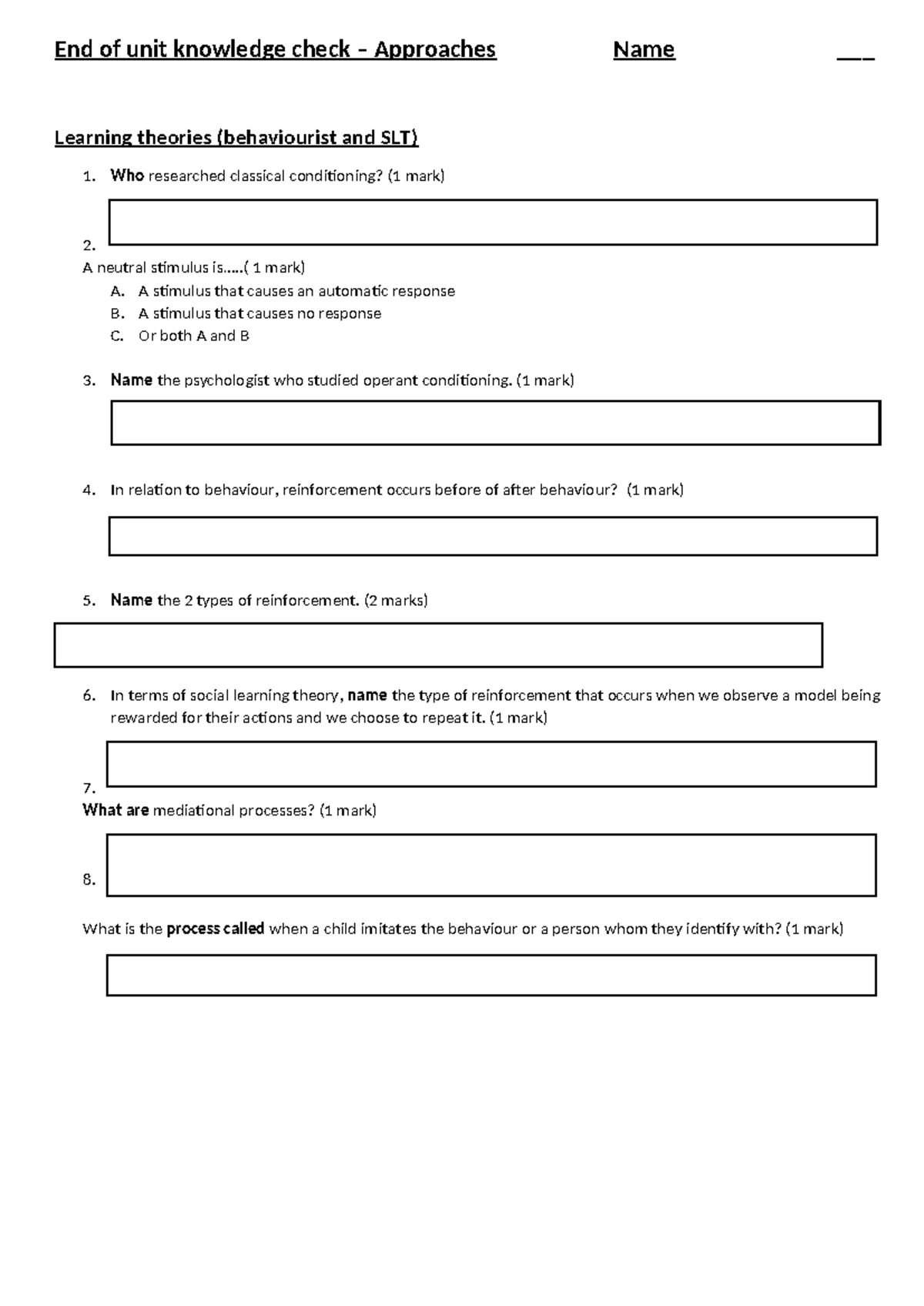 Approaches Knowledge Check Sheet: Learning Theories & Cognitive ...