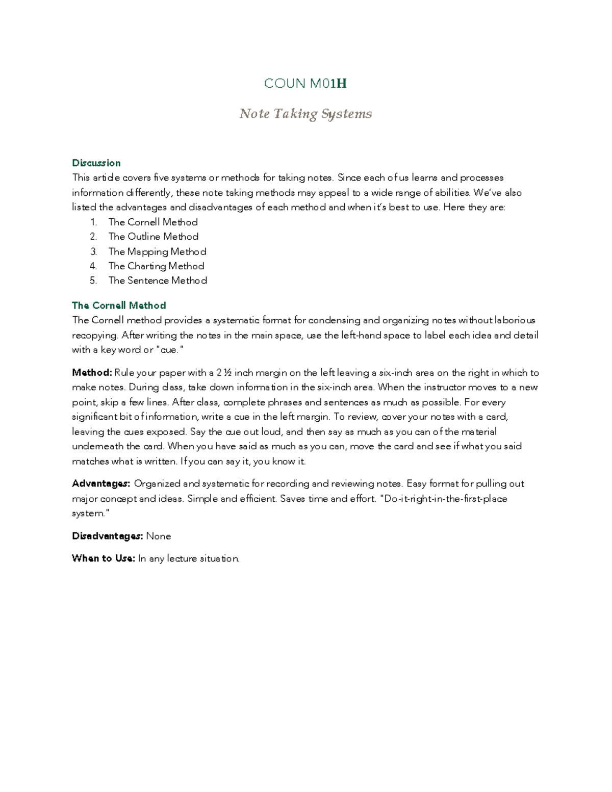 Note Taking Systems for Student Success (COUN M01) - Studocu