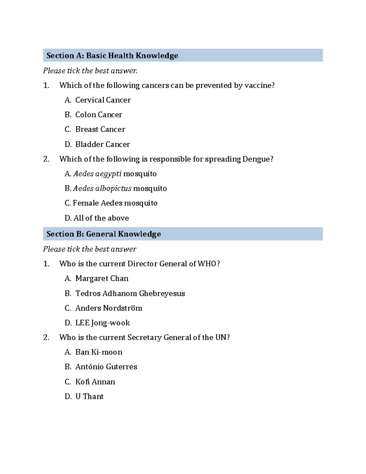 NSU MPH Admission Test Sample Questions - Health & General Knowledge ...