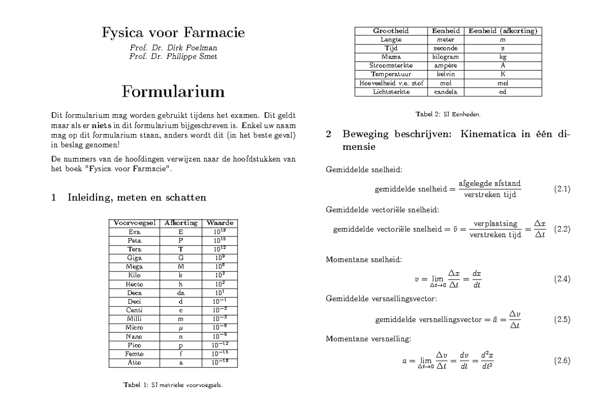 Formularium farmacie - Fysica voor Farmacie Prof. Dr. Dirk Poelman Prof ...