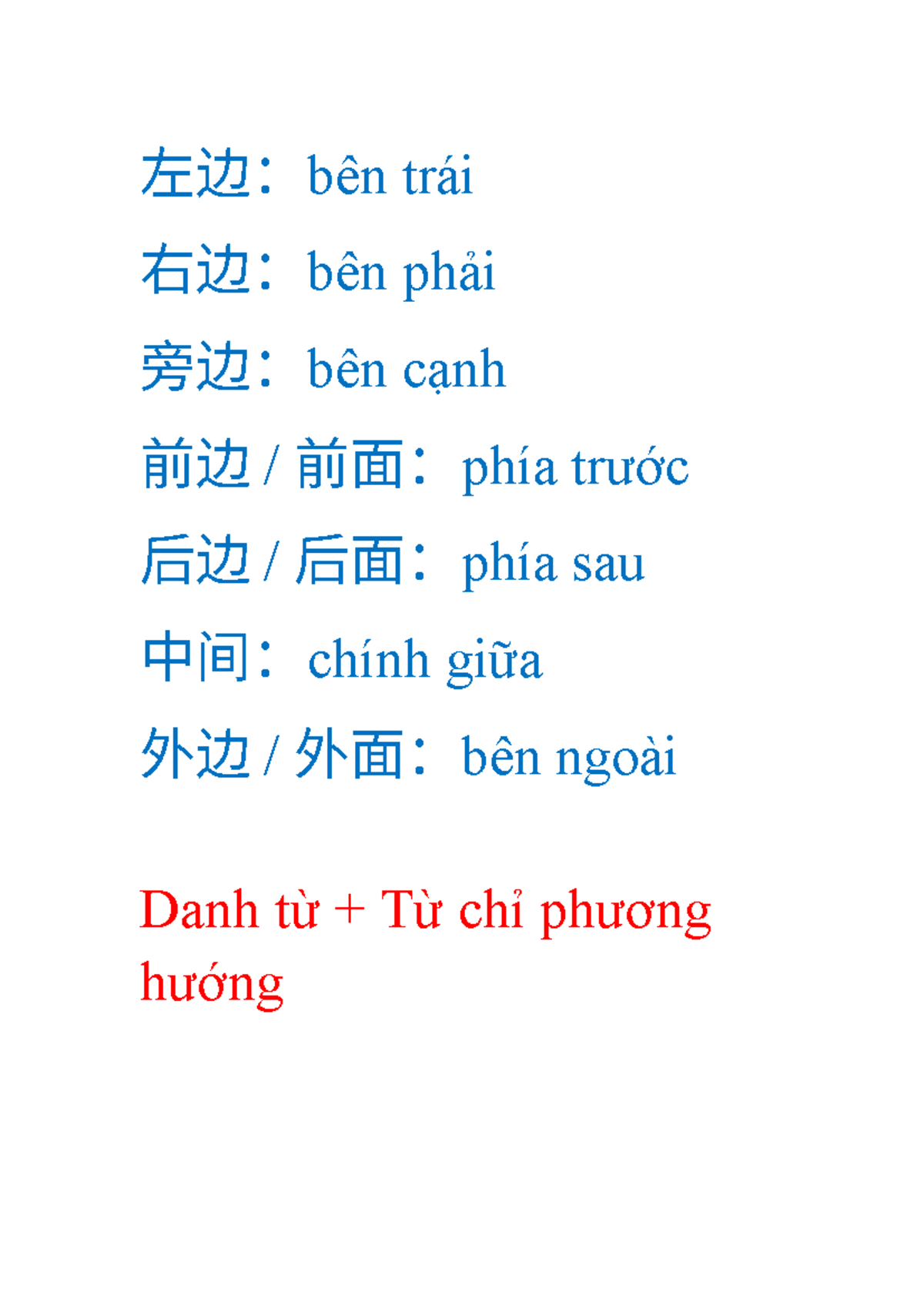 左边 - hjjhh - Tieng trung - 左边：bên trái 右边：bên phải 旁边：bên cạnh 前边 / 前面 ...
