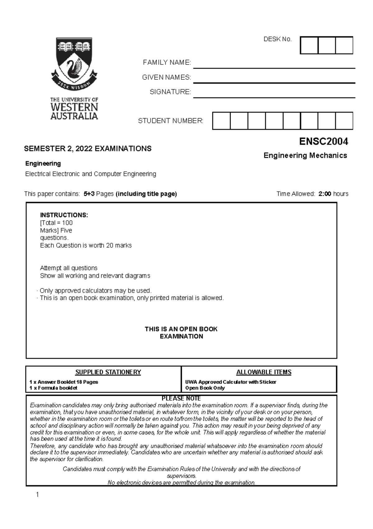 ENSC2004 - Engineering Mechanics - Semester 2, 2022 Exam Paper - Studocu