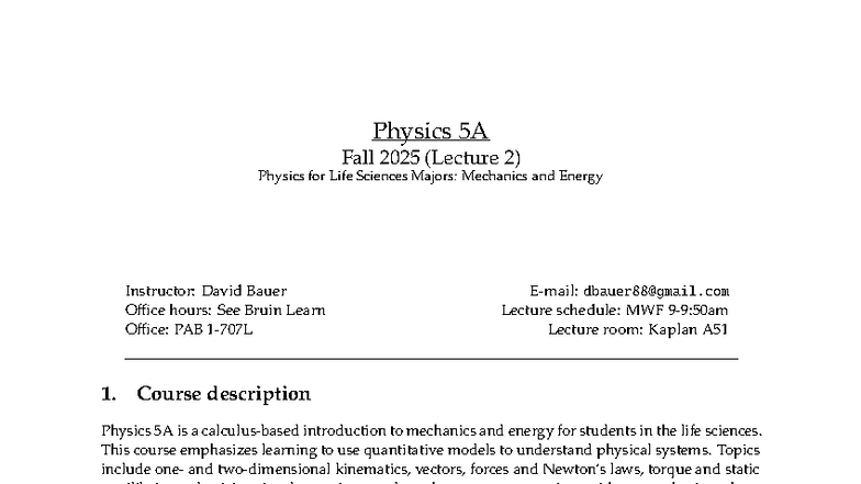 Physics 5A Fall 2025 Syllabus: Mechanics & Energy (Lecture 2) - Studocu