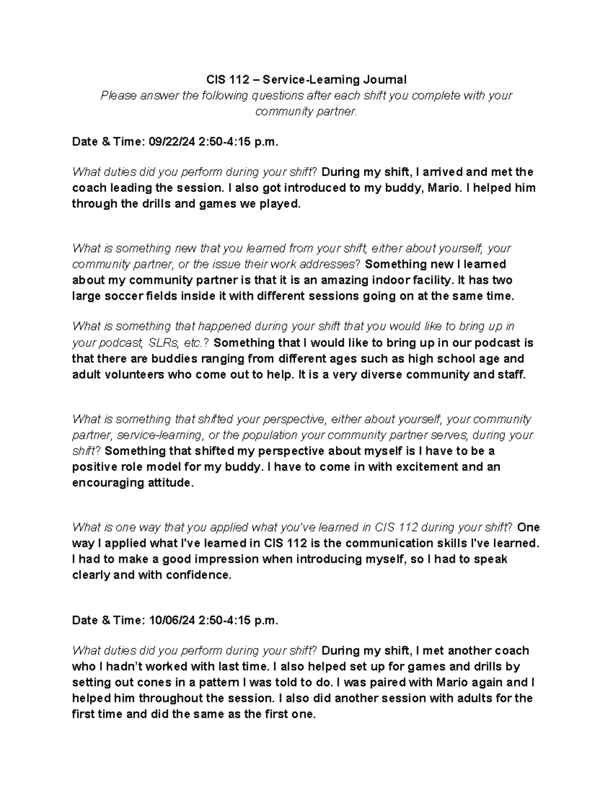 CIS 112 Service learning journal reflections and experiences - Studocu