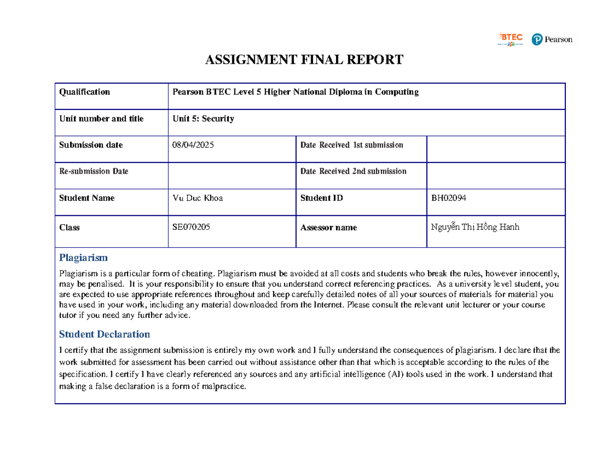 ASM Final Report: Security Risks and Solutions - BTEC Level 5 HND ...