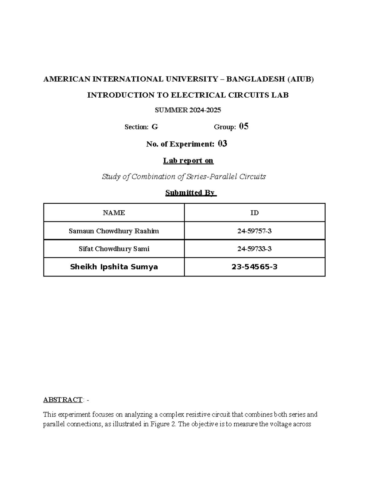 AIUB IEC Lab Report 3: Study of Combination Circuits - Studocu