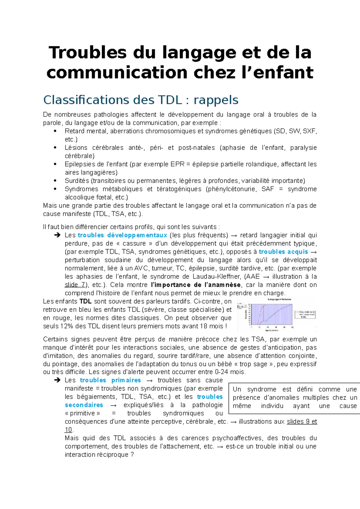 Classifications des TDL : Troubles du Langage et Communication - Studocu