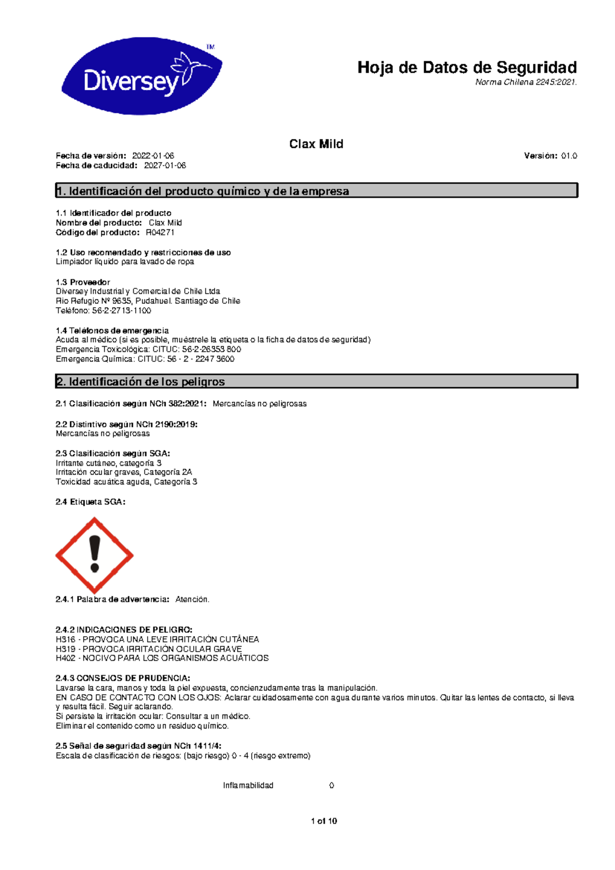 Hoja de Datos de Seguridad Clax Mild - Norma Chilena 2245:2021 - Studocu