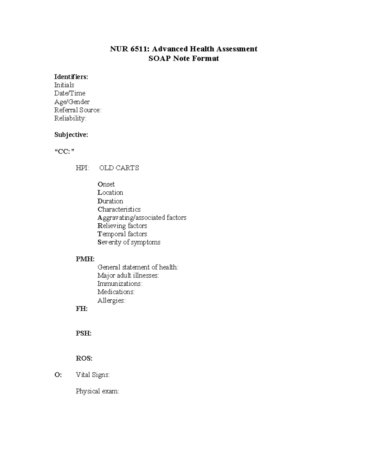 NUR 6511: Advanced Health Assessment SOAP Note Guidelines - Studocu