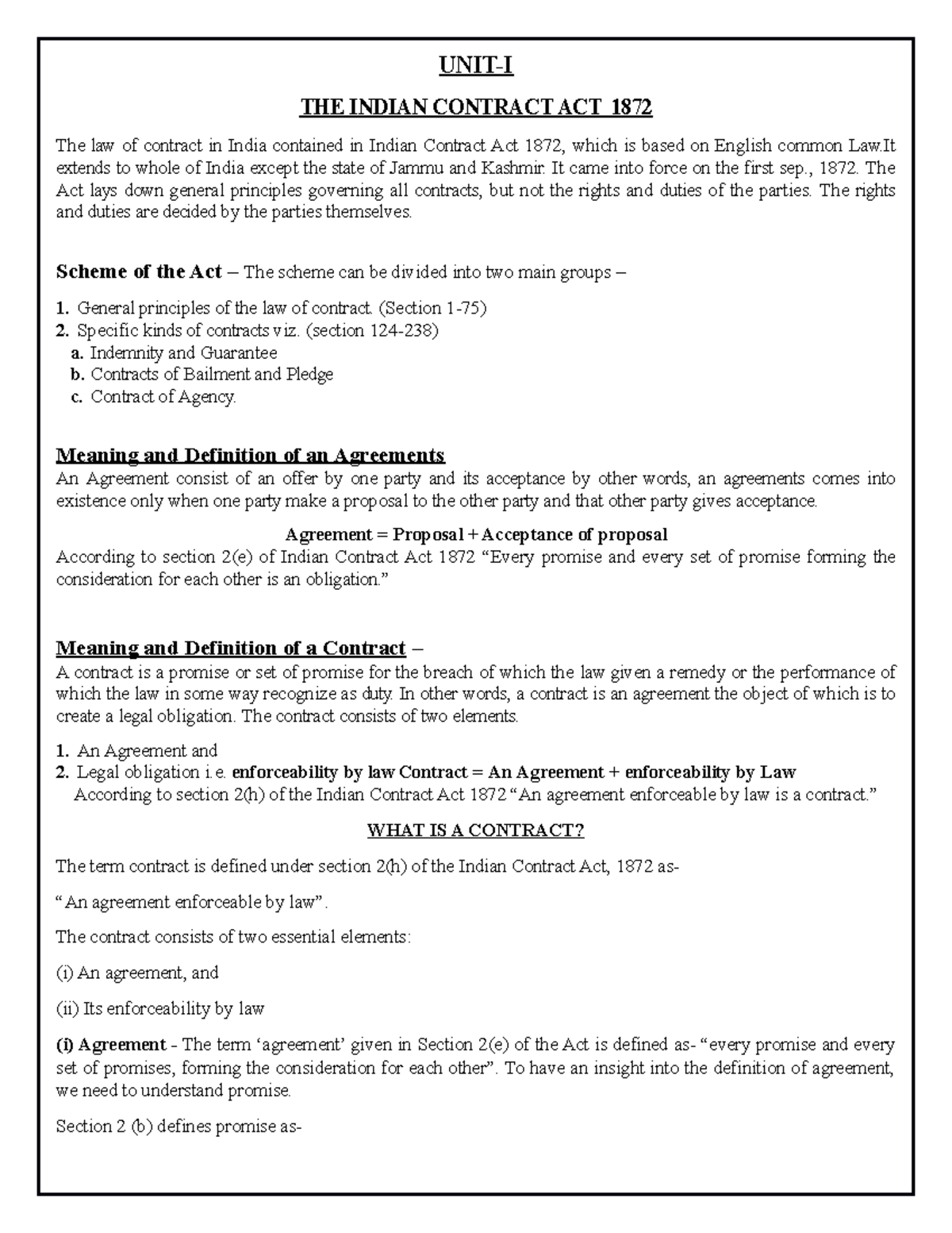 Indian Contract Act 1872: Essential Elements & Legal Principles - Studocu