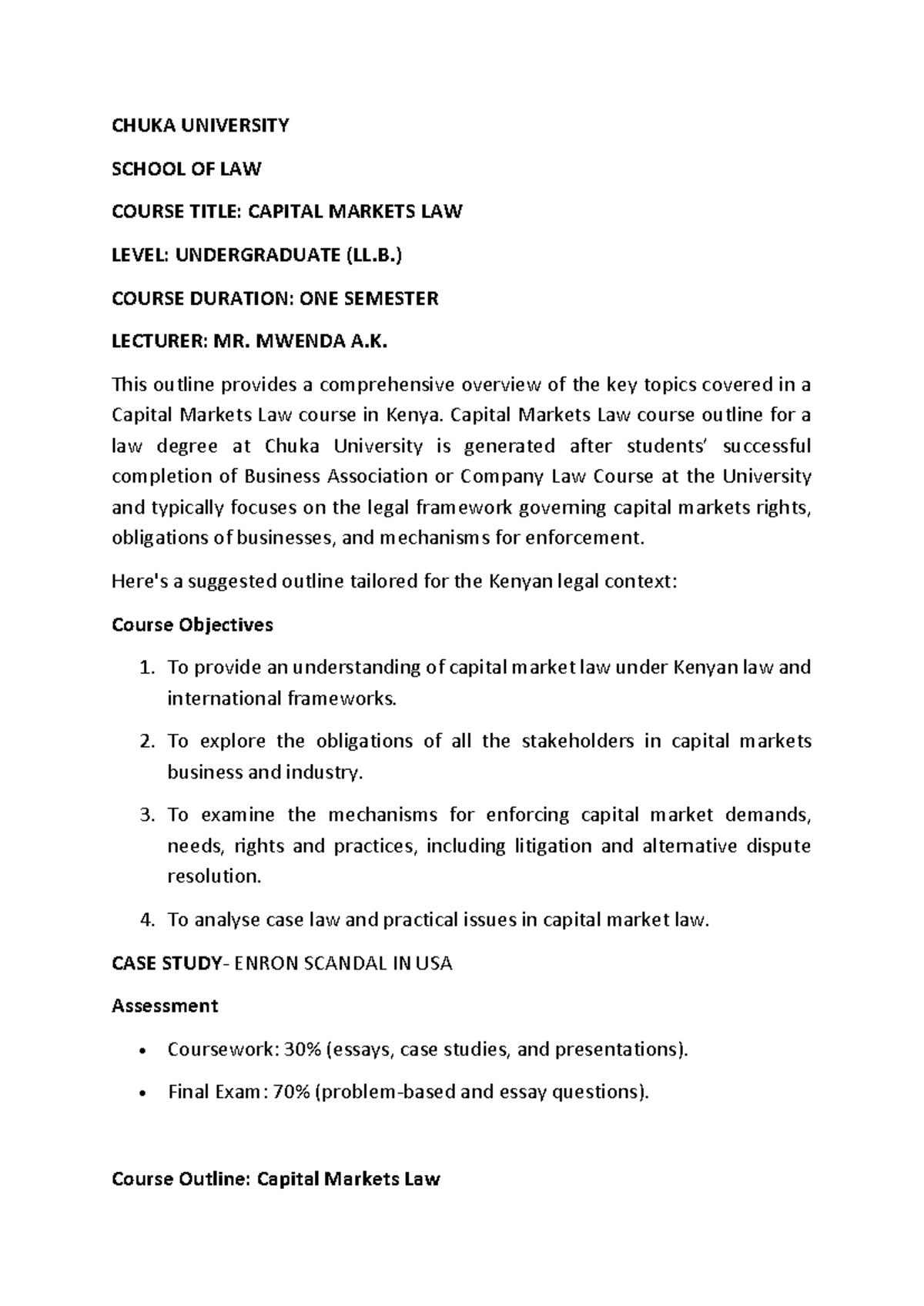 Capital Markets LAW (LL.) Notes - Chuka University Overview - Studocu
