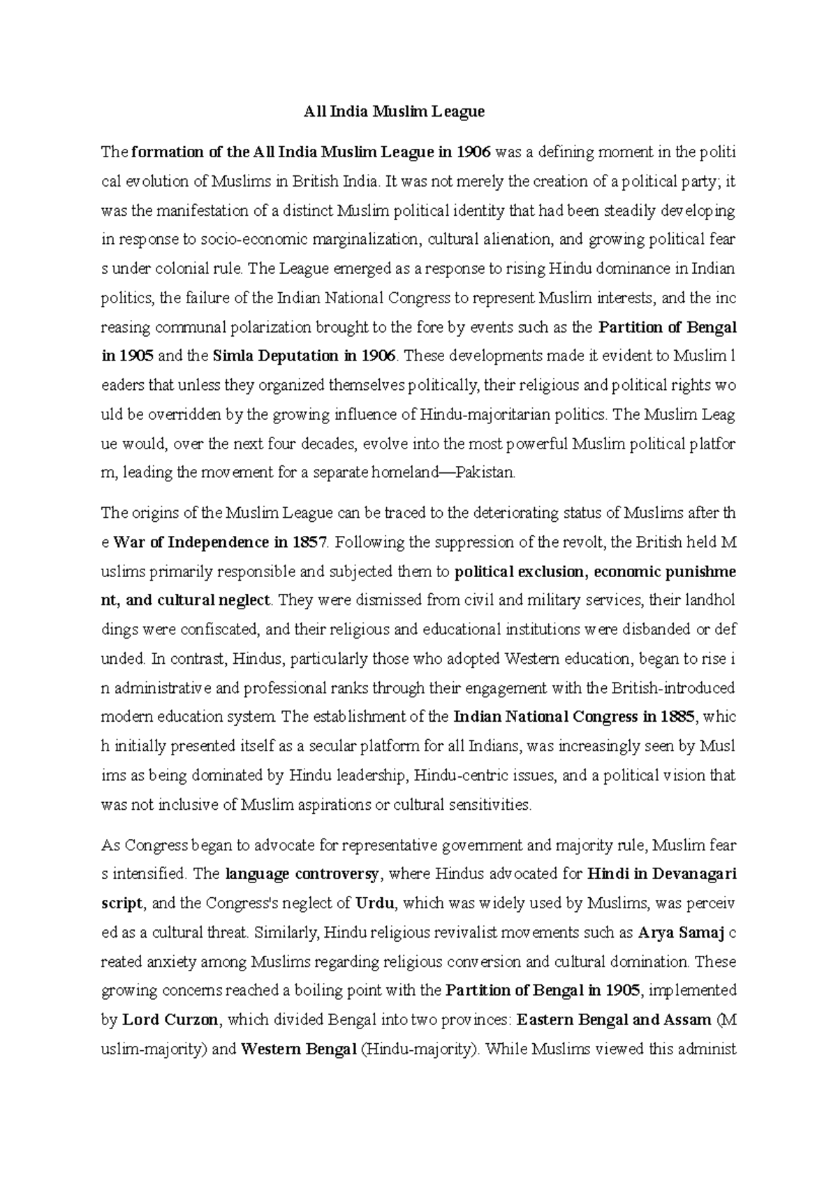 Formation and Evolution of the All India Muslim League (1906) - Studocu