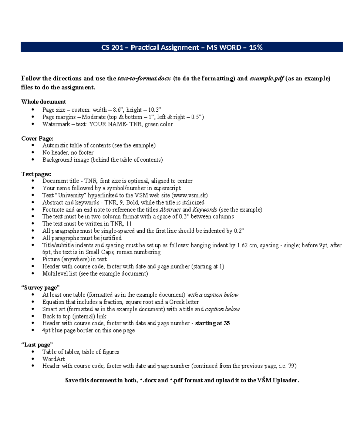 CS 201 Practical Assignment: MS Word Formatting Guidelines - Studocu