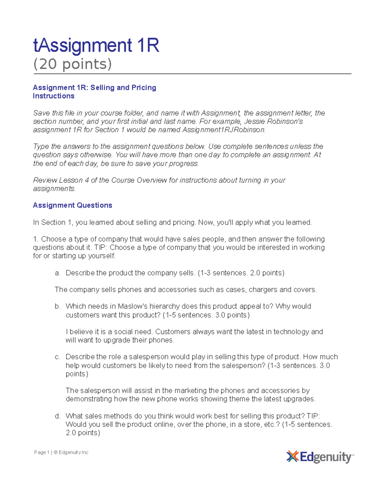 Assignment 1R: Selling and Pricing Strategy Overview - Edgenuity - Studocu