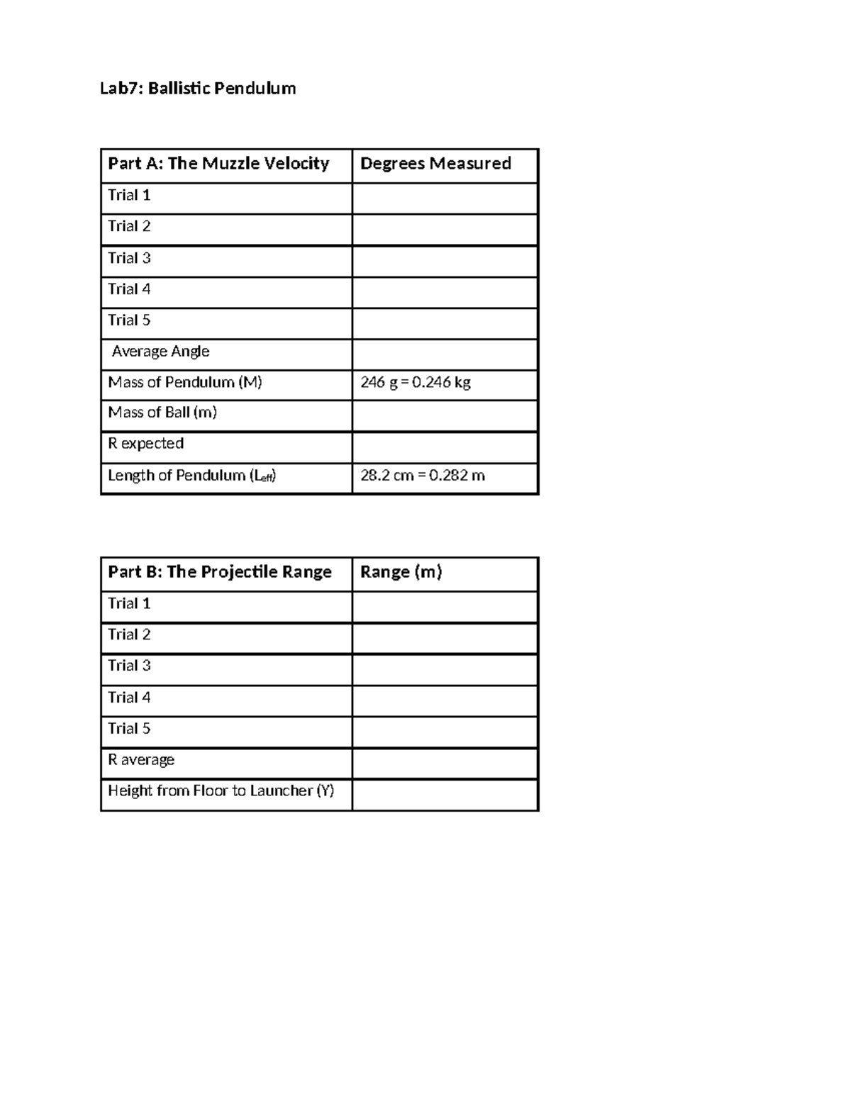 Data Sheet Lab 7 Ballistic Pendulum Figure - PHYS 2211L - Lab7 ...