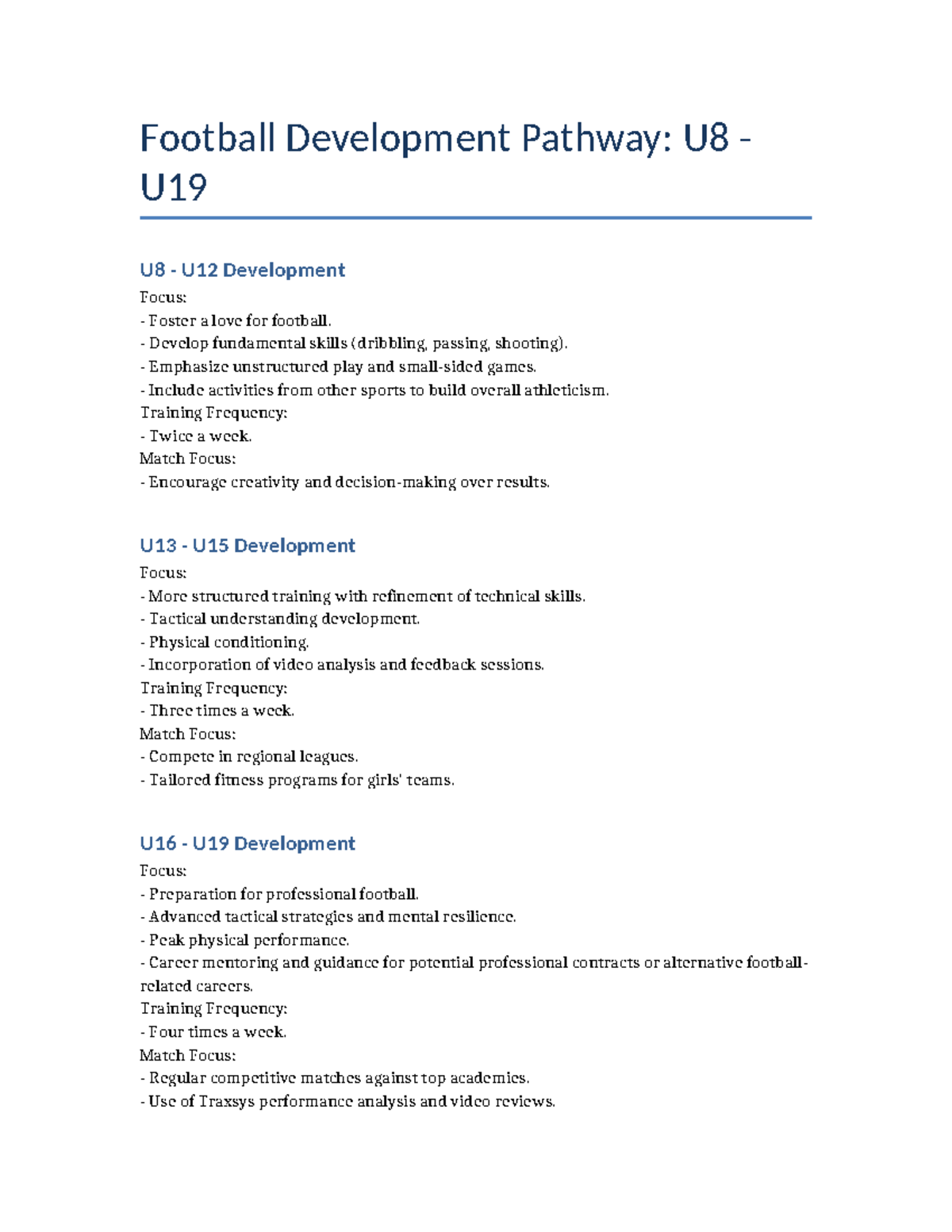 Football Development Pathway: U8 to U19 Training Guide - Studeersnel