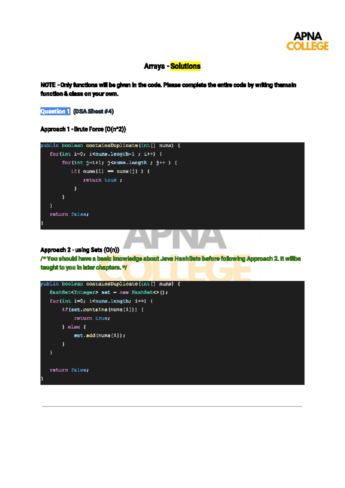 APNA COLLEGE DSA Arrays Solutions: Complete Code Approaches - Studocu