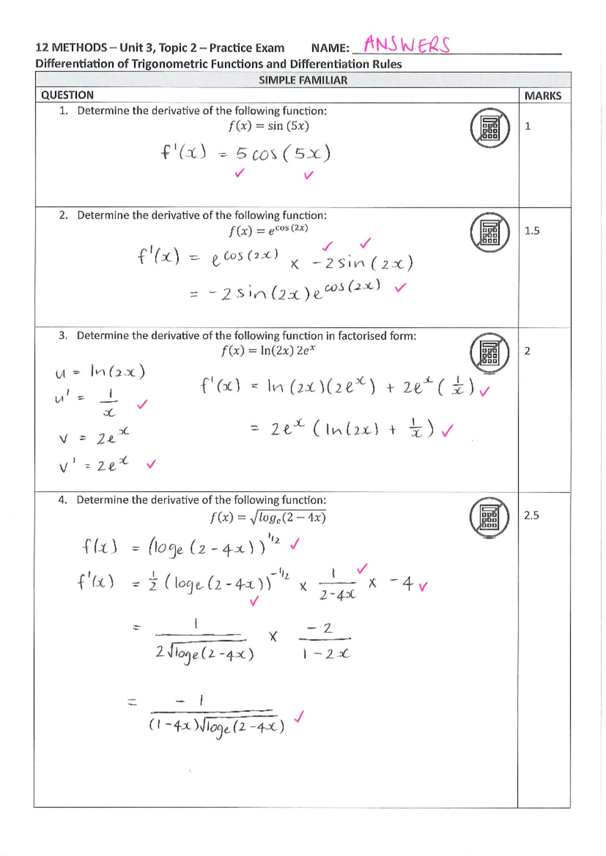 U3T2 - Practice Exam Answers on Trigonometric Differentiation Rules ...