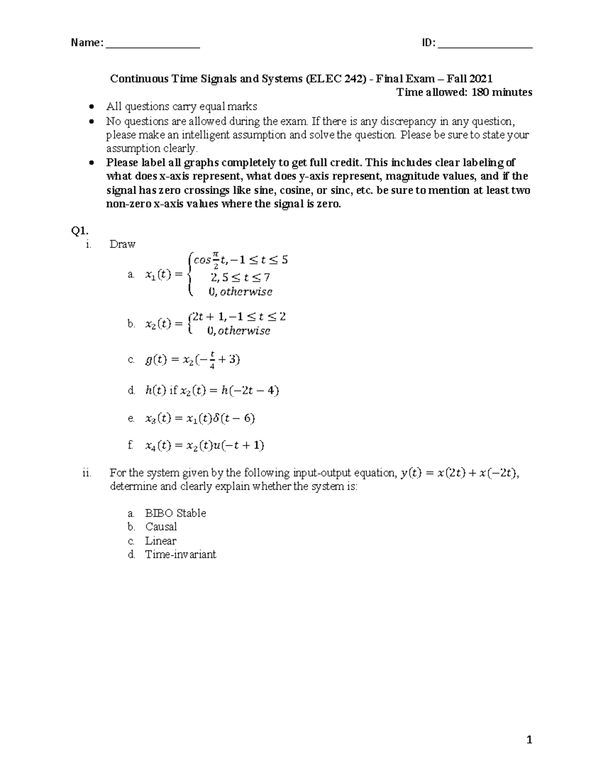 Final Exam Guide for ELEC242: Continuous Time Signals & Systems - Studocu
