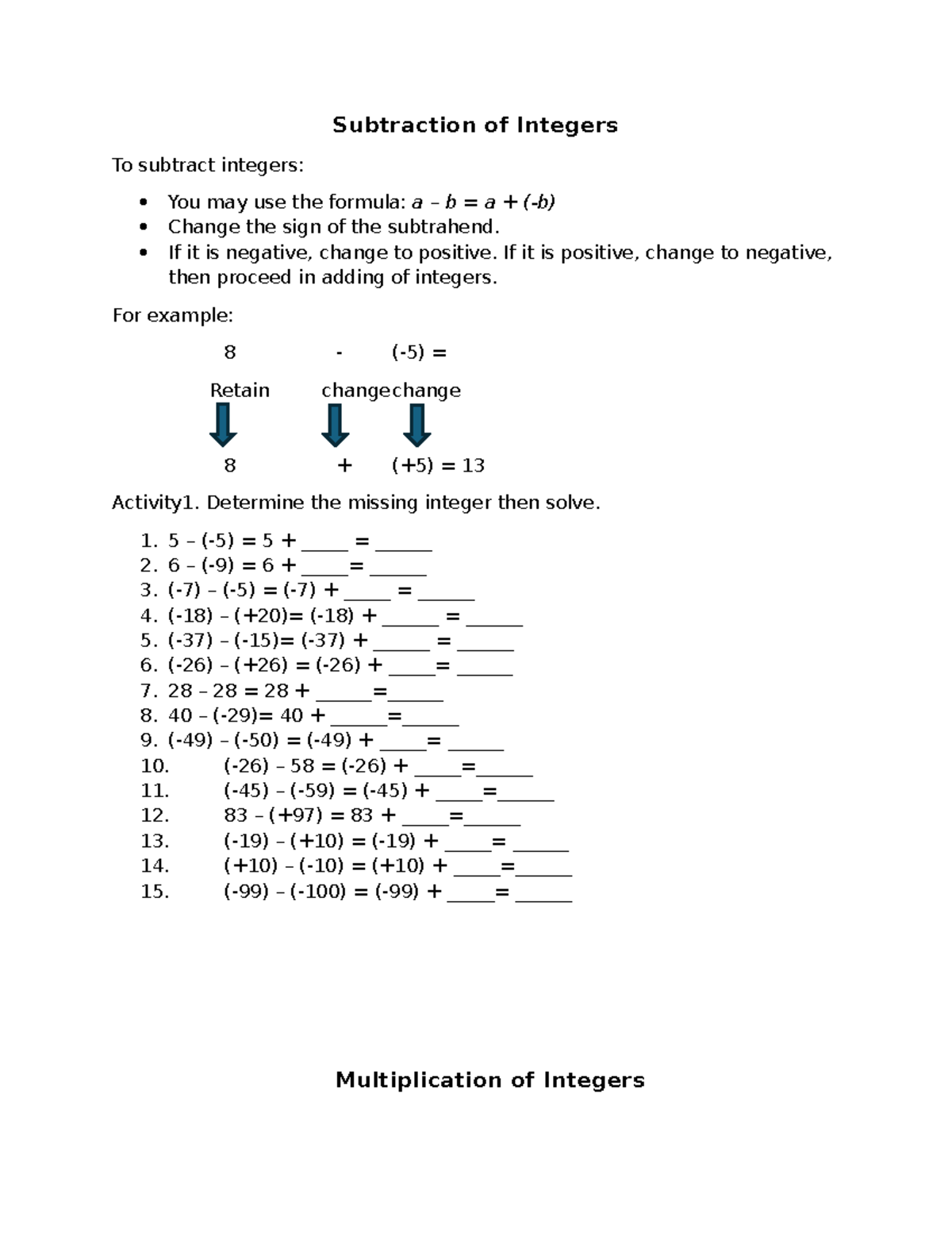 Math Module: Subtraction of Integers and Operations (MATH101) - Studocu