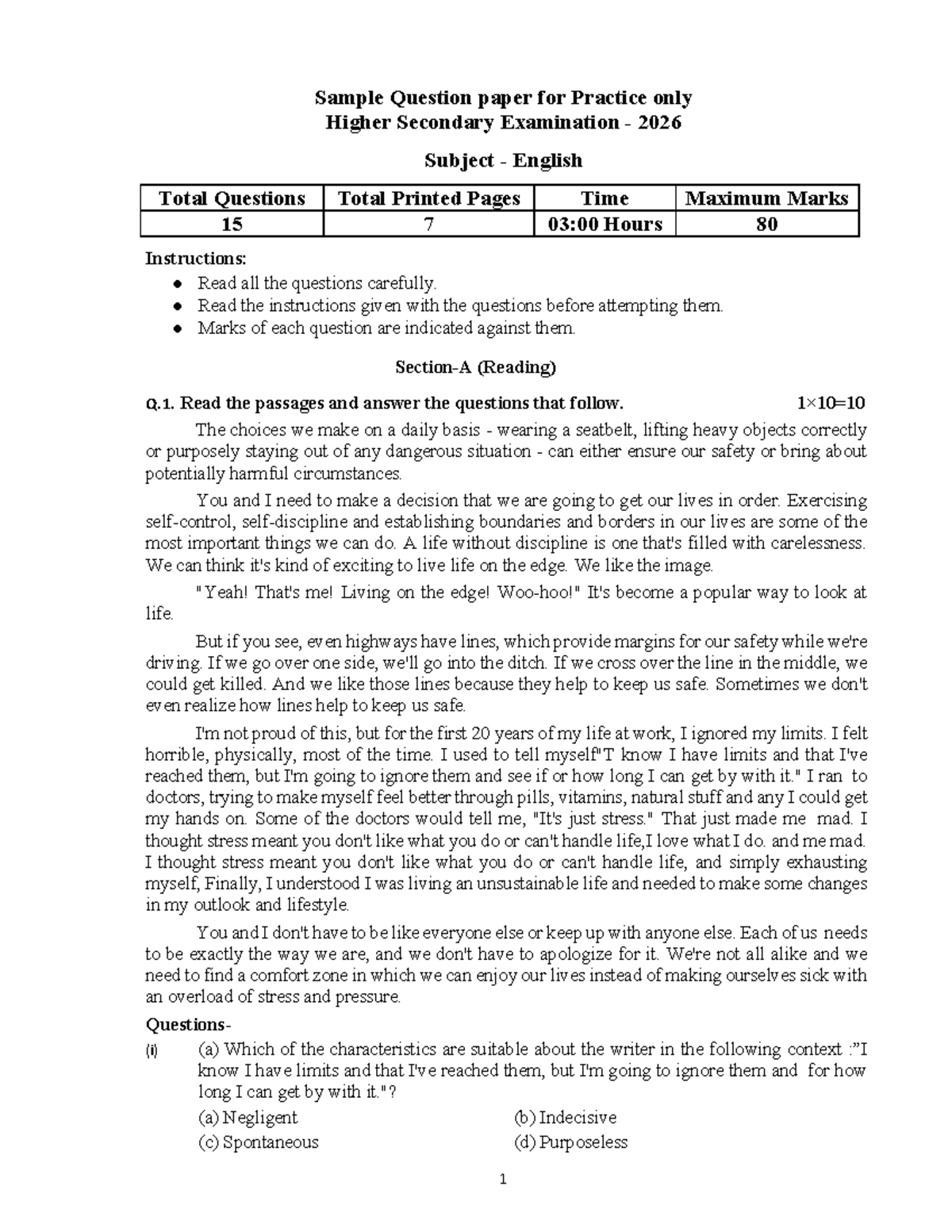 12th English (1) 260116: Practice Question Paper for Higher Secondary ...