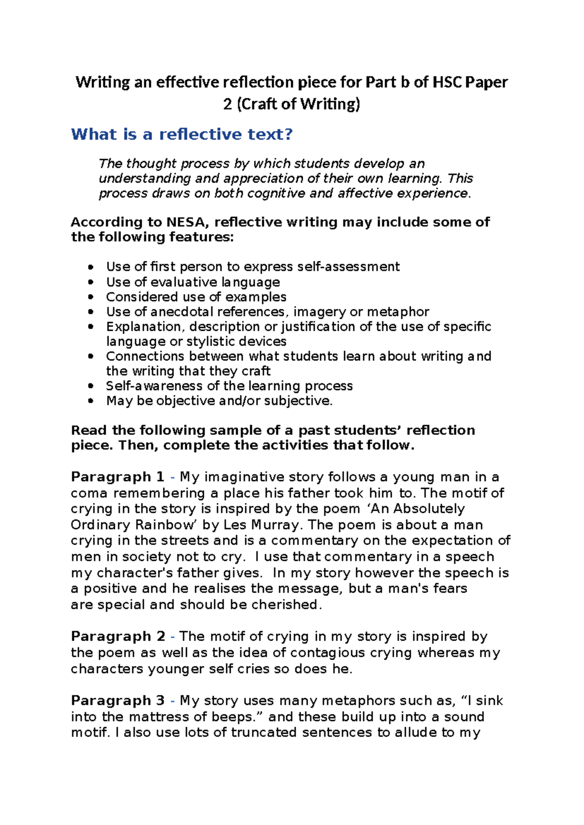 HSC Paper Part B: Writing Effective Reflection Pieces - Studocu