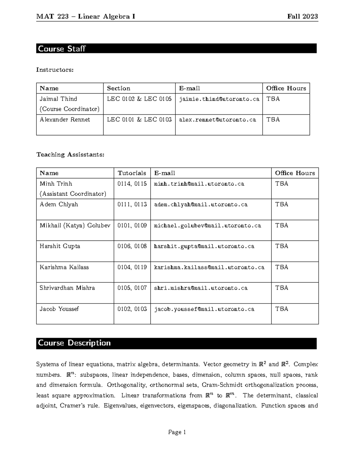 MAT223H5F Syllabus: Linear Algebra Course Overview and Policies - Studocu