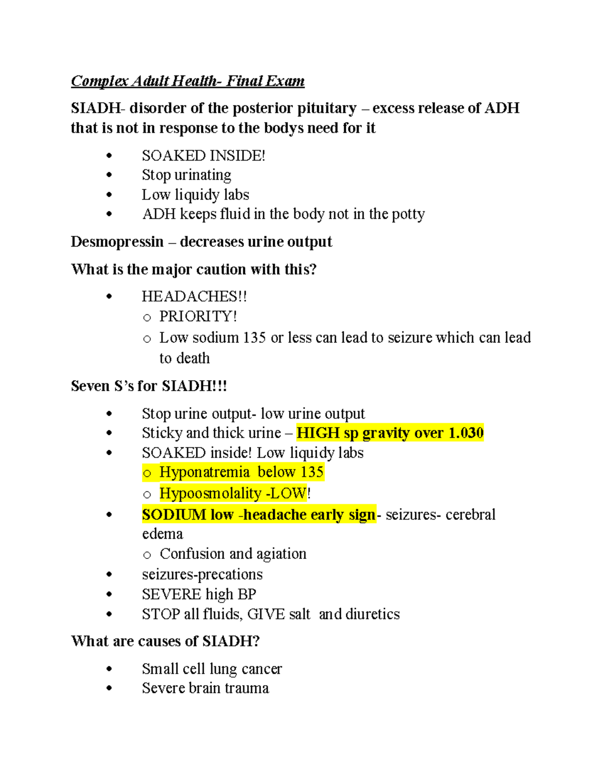 Complex Adult Health Final Exam Notes: Understanding ADH Disorders ...