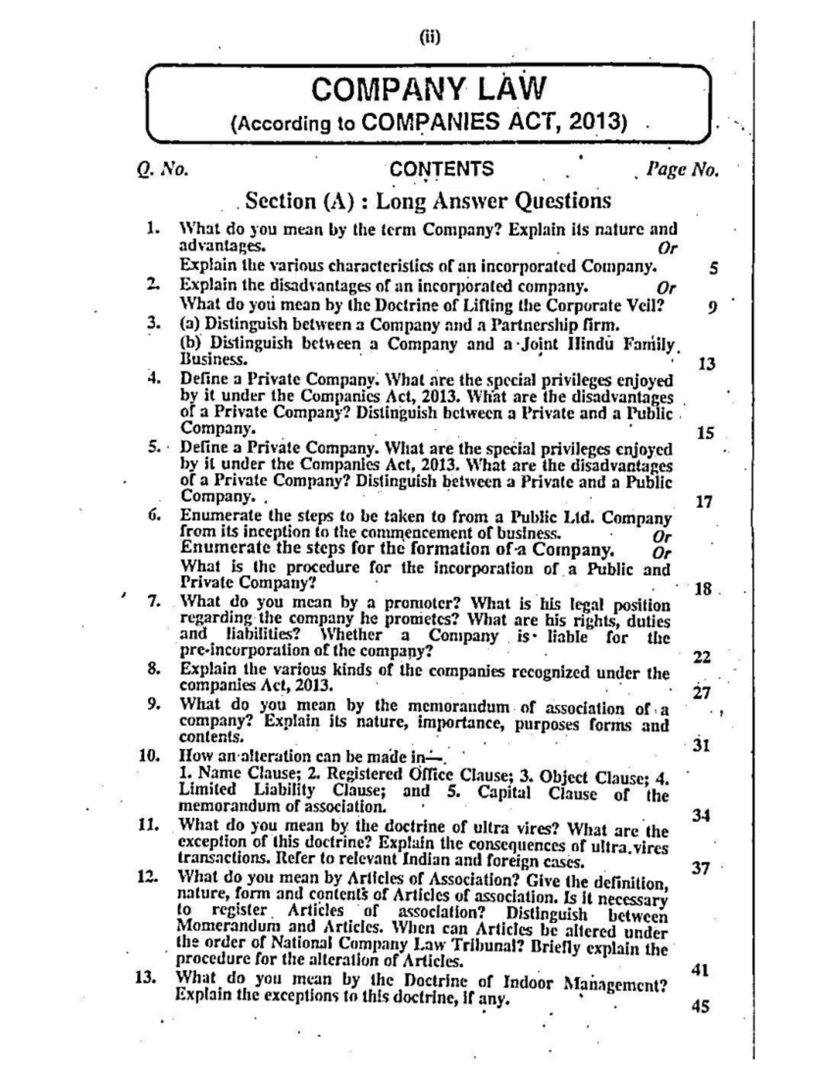 COMPANY LAW (2013) - Long Answer Questions & Key Concepts - Studocu