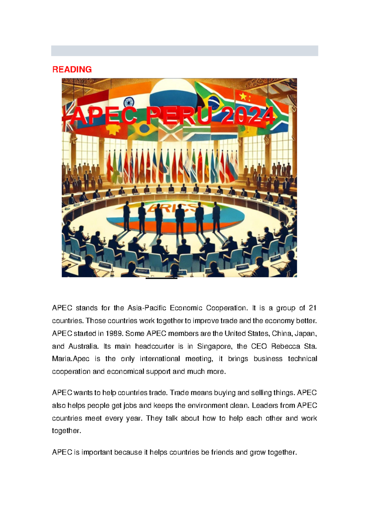 APEC 2024 exercises - Hola - READING } Reading: Read the text. APEC ...