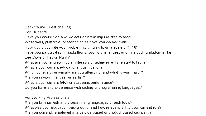 Tech Background Questions for Students & Professionals (20) - Studocu