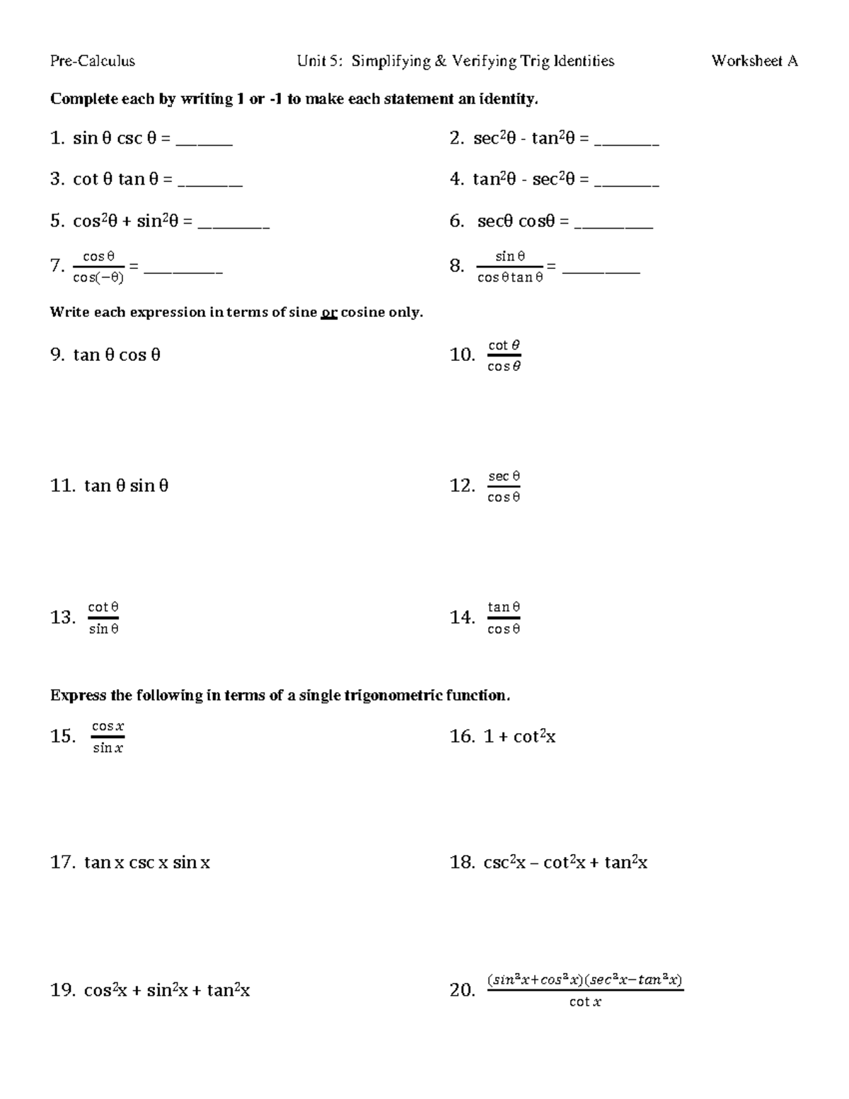 Trigonometric Identities PreCalculus Worksheet Cheat Sheet Reference 