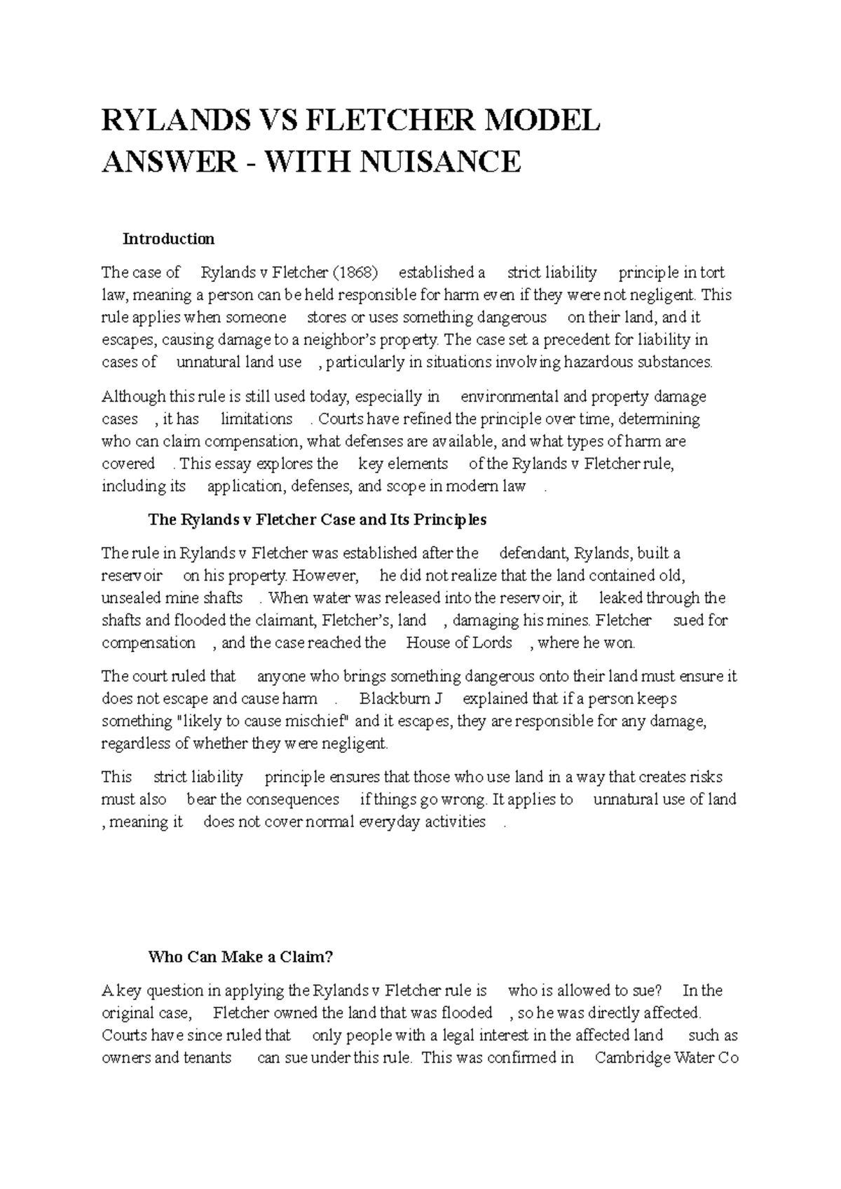 RYLANDS VS FLETCHER: ESSAY ON NUISANCE AND STRICT LIABILITY - Studocu