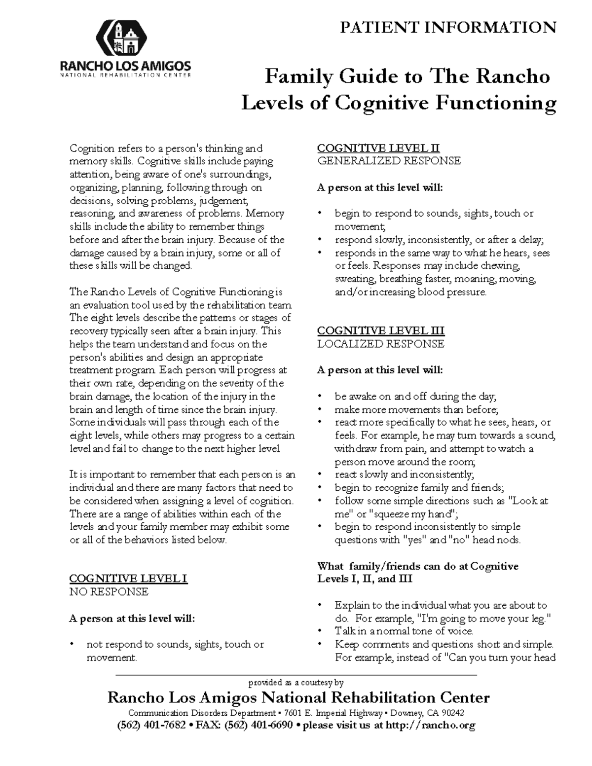 Family Guide to Rancho Levels of Cognitive Functioning (Course Code ...